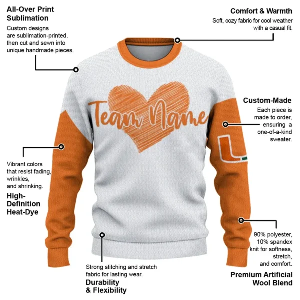 Miami Hurricanes Sweater Personalized Heart Sketch Orange White New Arrival
