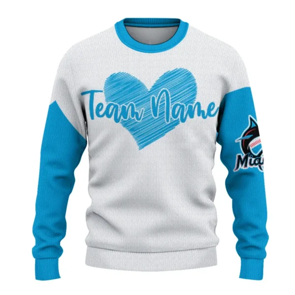 Miami Marlins Sweater Personalized Heart Sketch Blue White Best Selling