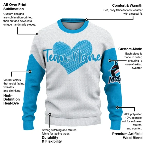 Miami Marlins Sweater Personalized Heart Sketch Blue White New Arrival