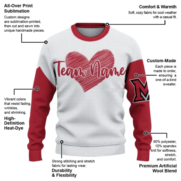 Miami Redhawks Sweater Personalized Heart Sketch Red White New Arrival
