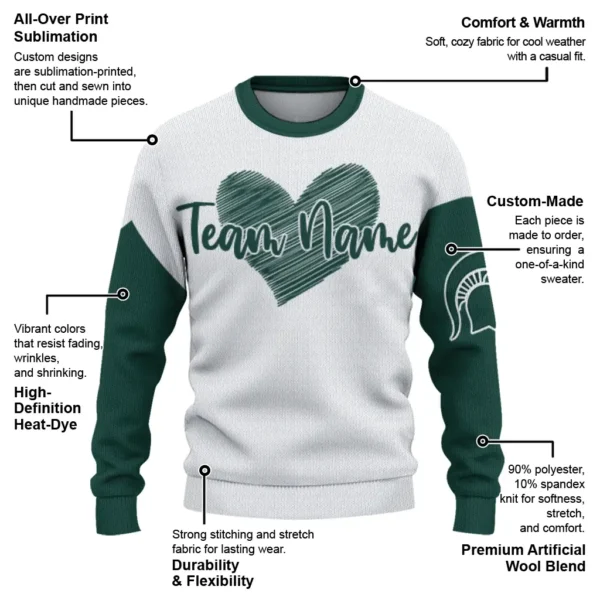 Michigan State Spartans Sweater Custom Heart Sketch Green White New Arrival