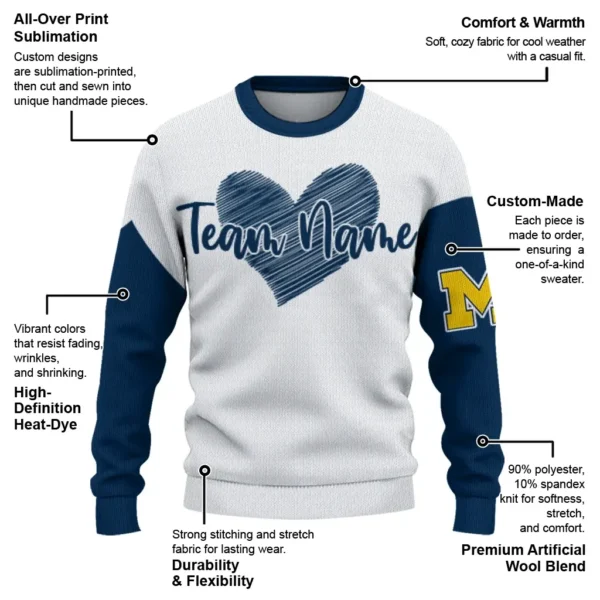 Michigan Wolverines Sweater Customized Heart Sketch Blue White New Arrival