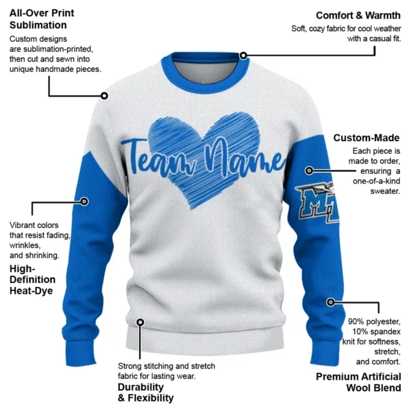 Middle Tennessee Blue Raiders Sweater Customized Heart Sketch Blue White New Arrival