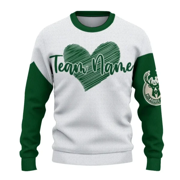 Milwaukee Bucks Sweater Personalized Heart Sketch Green White Best Selling