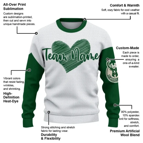 Milwaukee Bucks Sweater Personalized Heart Sketch Green White New Arrival