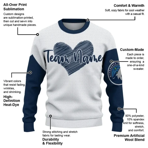 Minnesota Timberwolves Sweater Custom Heart Sketch Midnight Blue White New Arrival