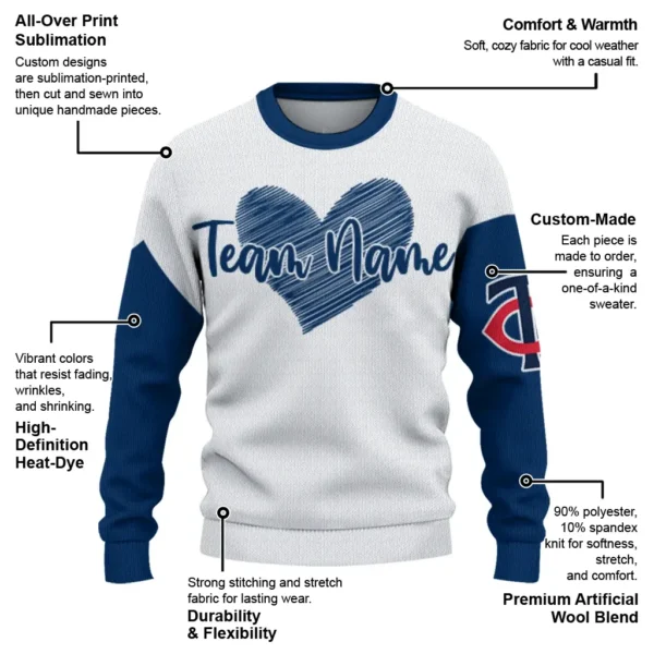 Minnesota Twins Sweater Customized Heart Sketch Navy White New Arrival
