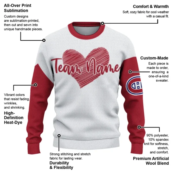 Montreal Canadiens Sweater Custom Heart Sketch Red White New Arrival