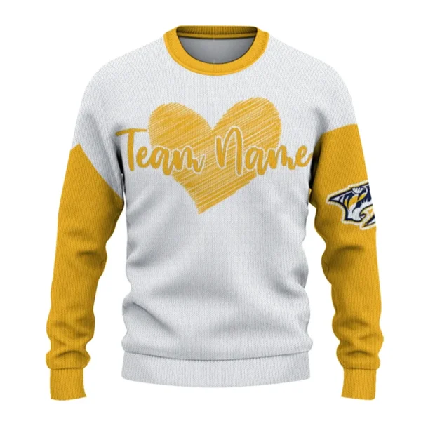 Nashville Predators Sweater Customized Heart Sketch Gold White Best Selling