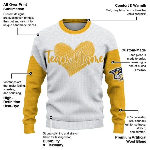 Nashville Predators Sweater Customized Heart Sketch Gold White New Arrival
