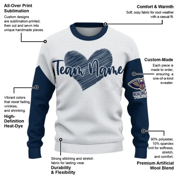 New Orleans Pelicans Sweater Personalized Heart Sketch Navy White New Arrival