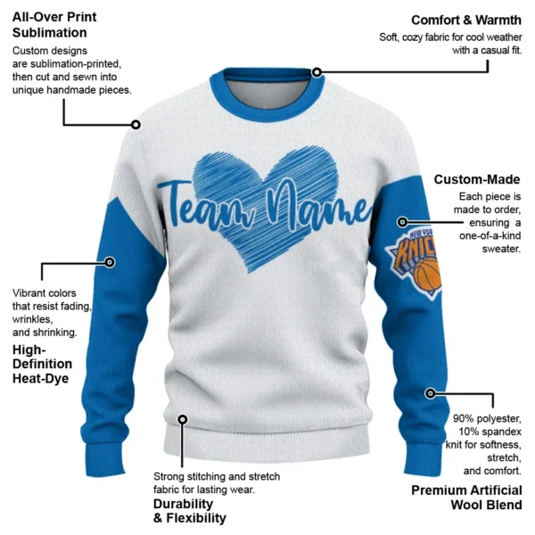 New York Knicks Sweater Custom Heart Sketch Blue White New Arrival