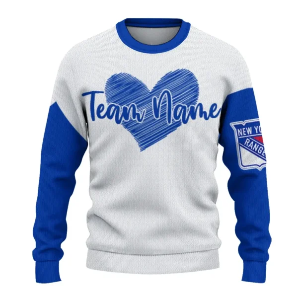 New York Rangers Sweater Customized Heart Sketch Blue White Best Selling