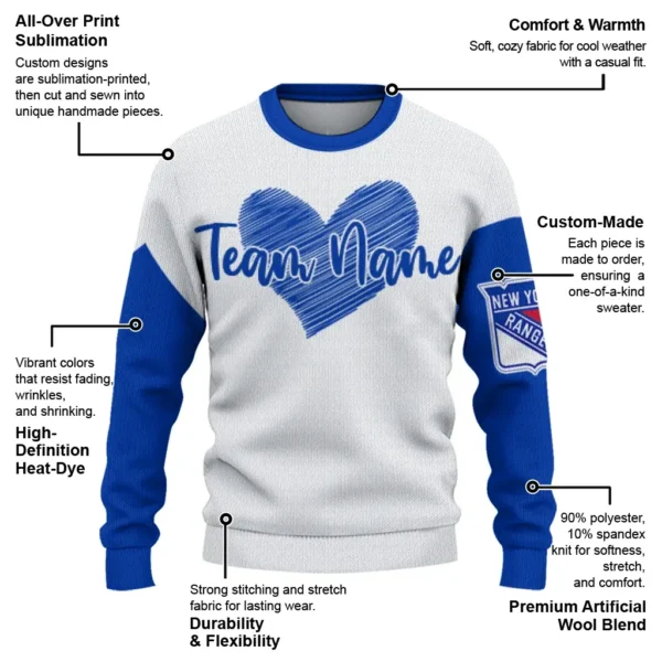 New York Rangers Sweater Customized Heart Sketch Blue White New Arrival