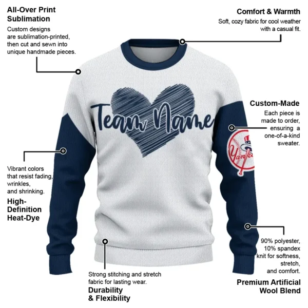 New York Yankees Sweater Custom Heart Sketch Navy White New Arrival