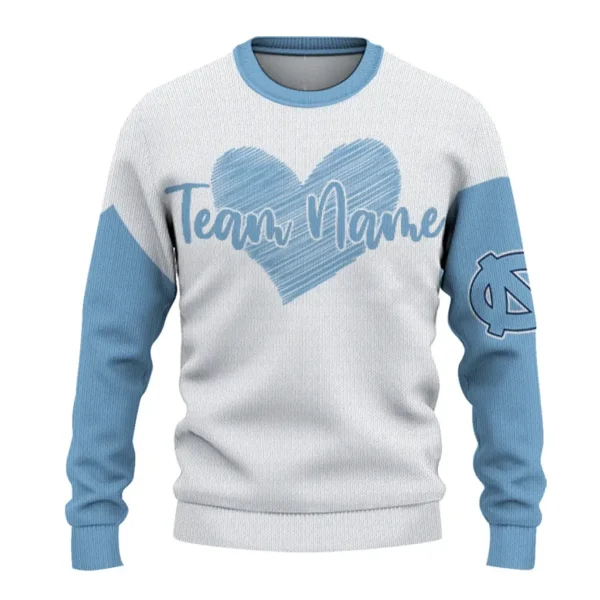 North Carolina Tar Heels Sweater Personalized Heart Sketch Light Blue White Best Selling