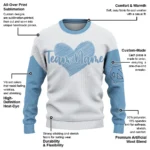 North Carolina Tar Heels Sweater Personalized Heart Sketch Light Blue White Best Selling