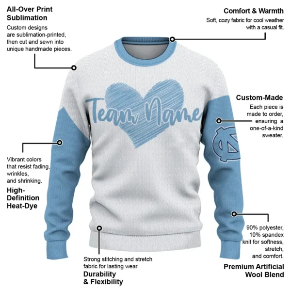 North Carolina Tar Heels Sweater Personalized Heart Sketch Light Blue White New Arrival