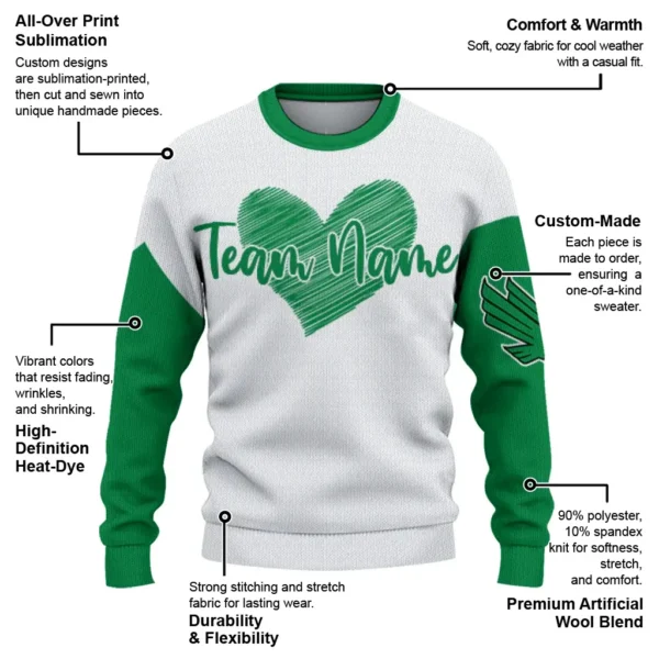 North Texas Mean Green Sweater Custom Heart Sketch Green White New Arrival
