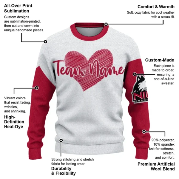 Northern Illinois Huskies Sweater Customized Heart Sketch Red White New Arrival