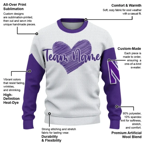 Northwestern Wildcats Sweater Personalized Heart Sketch Purple White New Arrival