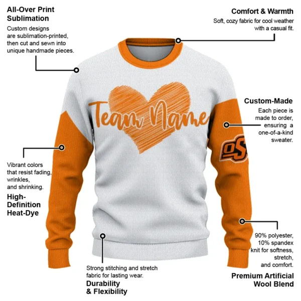 Oklahoma State Cowboys Sweater Custom Heart Sketch Orange White New Arrival
