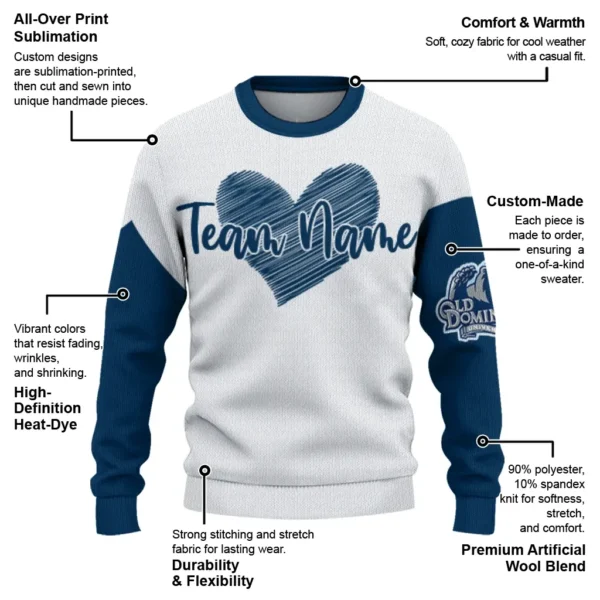 Old Dominion Monarchs Sweater Custom Heart Sketch Blue White New Arrival