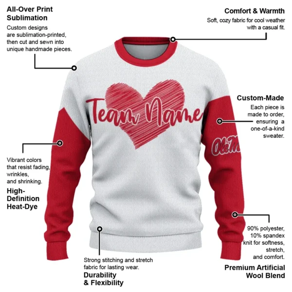 Ole Miss Rebels Sweater Customized Heart Sketch Red White New Arrival