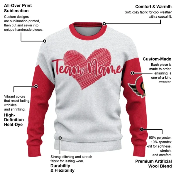 Ottawa Senators Sweater Personalized Heart Sketch Red White New Arrival