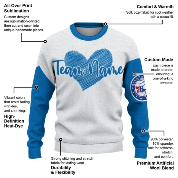 Philadelphia 76ers Sweater Personalized Heart Sketch Blue White New Arrival