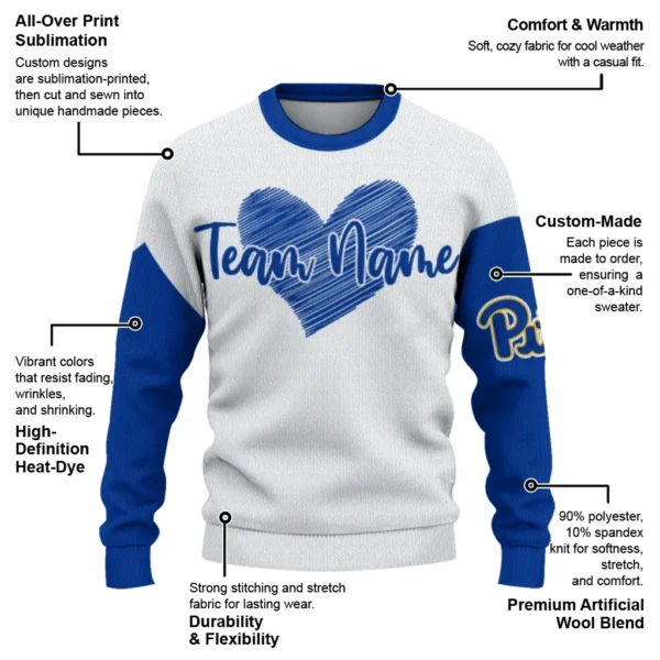 Pittsburgh Panthers Sweater Personalized Heart Sketch Royal Blue White New Arrival