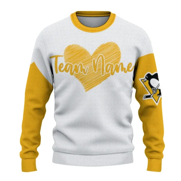 Pittsburgh Penguins Sweater Customized Heart Sketch Yellow White Best Selling