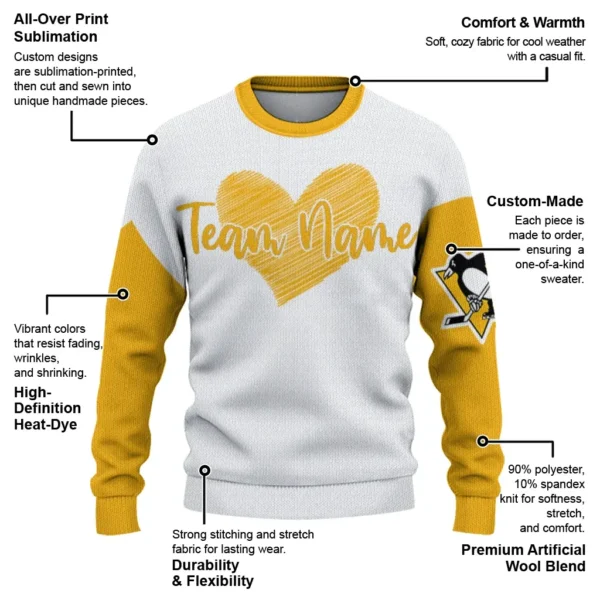 Pittsburgh Penguins Sweater Customized Heart Sketch Yellow White New Arrival