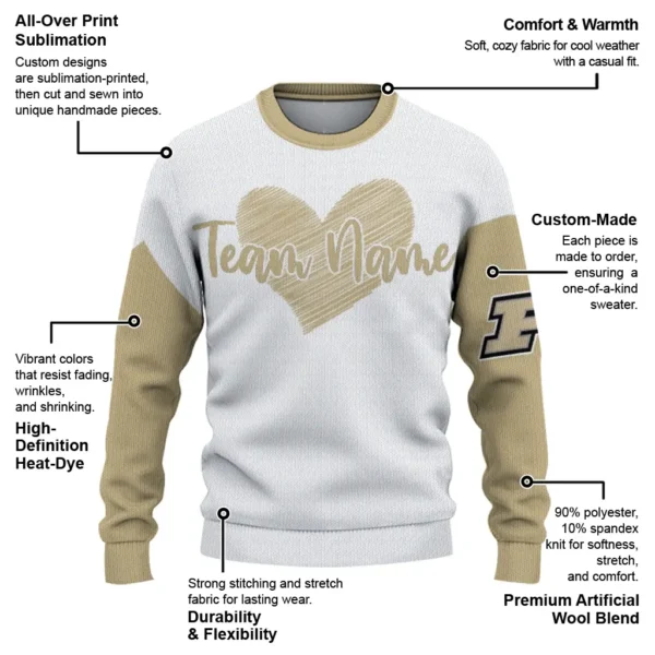 Purdue Boilermakers Sweater Custom Heart Sketch Gold White New Arrival