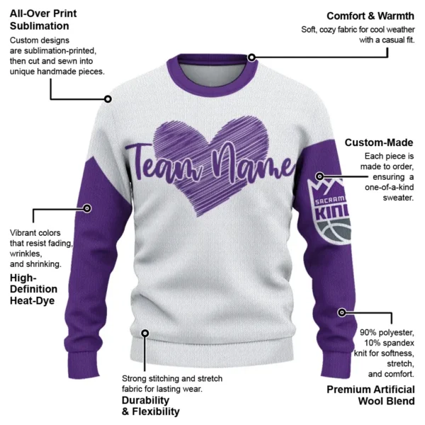 Sacramento Kings Sweater Personalized Heart Sketch Purple White New Arrival