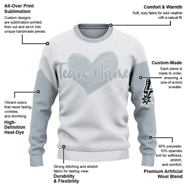 San Antonio Spurs Sweater Custom Heart Sketch Silver White New Arrival