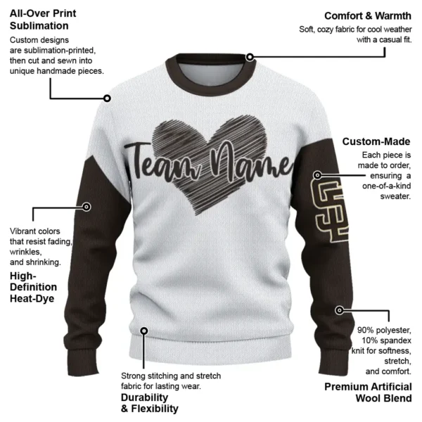 San Diego Padres Sweater Customized Heart Sketch Brown White New Arrival