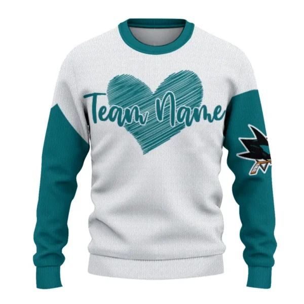 San Jose Sharks Sweater Personalized Heart Sketch Teal White Best Selling