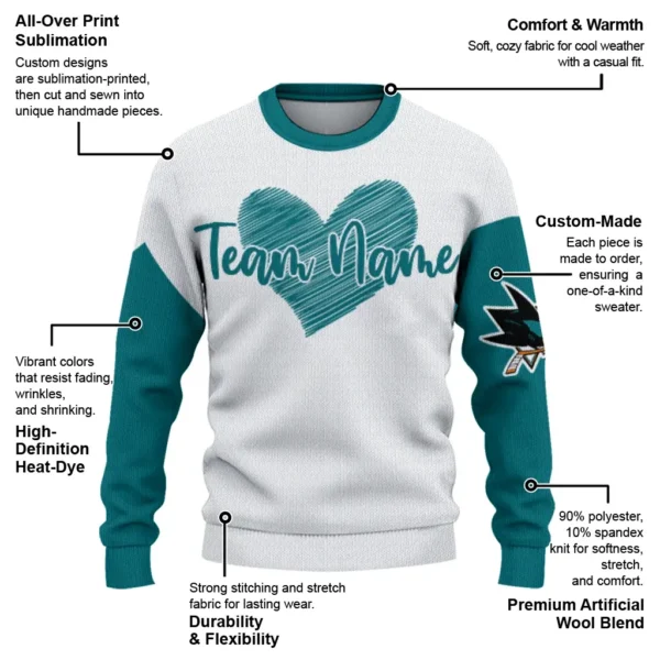 San Jose Sharks Sweater Personalized Heart Sketch Teal White New Arrival