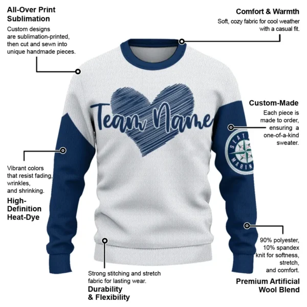 Seattle Mariners Sweater Custom Heart Sketch Navy Blue White New Arrival