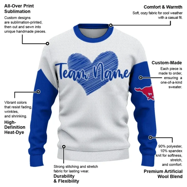 Smu Mustangs Sweater Custom Heart Sketch Blue White New Arrival