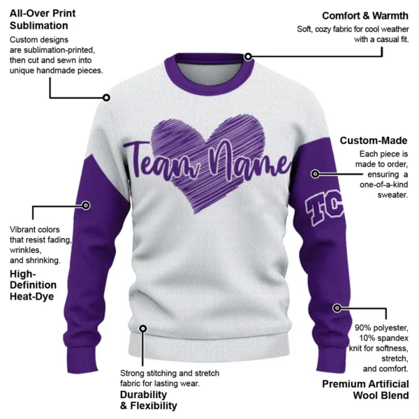 Tcu Horned Frogs Sweater Customized Heart Sketch Purple White New Arrival