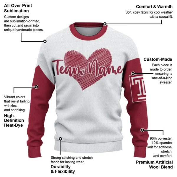 Temple Owls Sweater Customized Heart Sketch Red White New Arrival