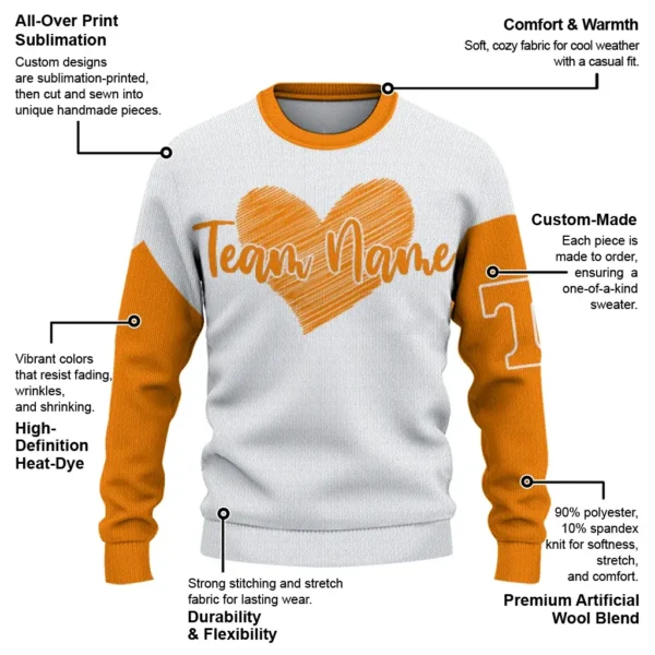 Tennessee Volunteers Sweater Personalized Heart Sketch Orange White New Arrival