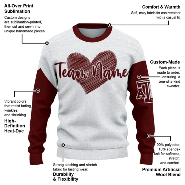 Texas Am Aggies Sweater Custom Heart Sketch Maroon White New Arrival