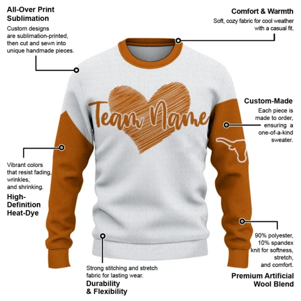 Texas Longhorns Sweater Customized Heart Sketch Orange White New Arrival