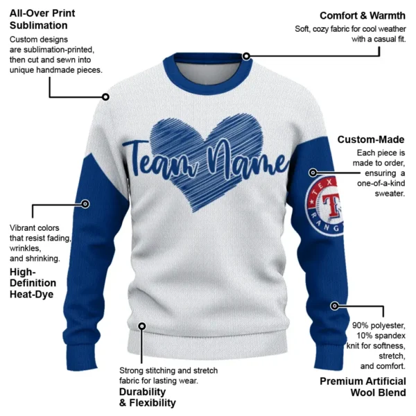 Texas Rangers Sweater Custom Heart Sketch Blue White New Arrival