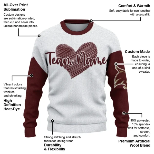 Texas State Bobcats Sweater Custom Heart Sketch Maroon White New Arrival