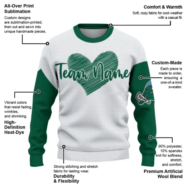 Tulane Green Wave Sweater Customized Heart Sketch Green White New Arrival
