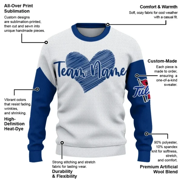 Tulsa Golden Hurricane Sweater Custom Heart Sketch Blue White New Arrival